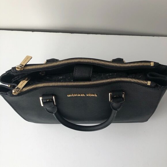 MK MICHAEL KORS SUTTON Saffiano Leather Black Gold Med Handbag 12.5 x 9 x 4" - Picture 8 of 16
